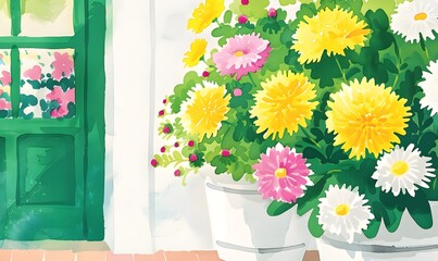 Canvas Print - Beautiful flower shop illustration in yellow and green point colors, Generative AI