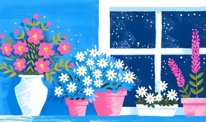 Wall Mural - Beautiful flower shop illustration in blue and pink point colors, Generative AI