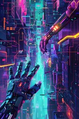 Futuristic city landscape with two robotic hands reaching towards each other.