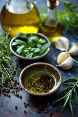 Wall Mural - Mediterranean Cuisine Showcase, Olive Oil Drizzle, Fresh Herbs, Mediterranean Flavors, Healthy, Coastal background