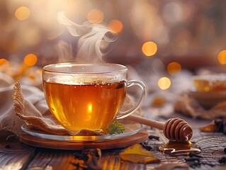 Sticker - Cozy Herbal Tea and Honey Jar on Rustic Wooden Table with Autumn Leaves