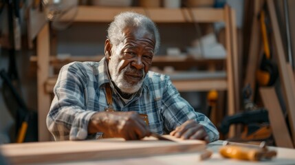 african american retired man working on a woodworking project in his garage