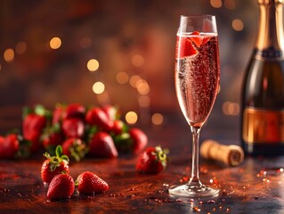 Sparkling Champagne with Floating Strawberries for Celebratory Mood