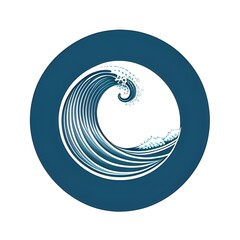 Wall Mural - a circular vector logo featuring an ocean wave, sea, water, splash, rip curl, surf, Beach, Coastal, Tidal, Crest, Swell, Aqua, Marine, Flow, Fluid, Motion, Nautical, Blue, Curve, Foam, Breaker