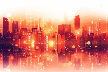 Poster - Glowing cityscape in warm red and orange tones, futuristic urban illustration with abstract elements