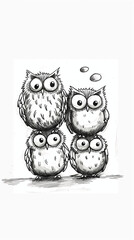 Wall Mural - Sketch of Three Stacked Cartoon Owls in Black and White