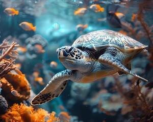 Canvas Print - Vibrant Sea Turtle Gliding Through Colorful Coral Reef Ecosystem