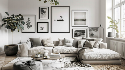 Wall Mural - Sleek modern living room with a stylish gallery wall, minimalist decor, and a large window allowing natural light.