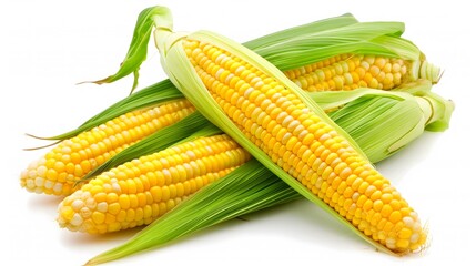 Fresh Ears of Corn with Husks on White Background