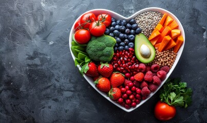 A vibrant photo showcasing a heartshaped bowl filled with nutritious diet foods, including fresh fruits, vegetables, and whole grains, promoting heart and cardiovascular wellness, Generative AI