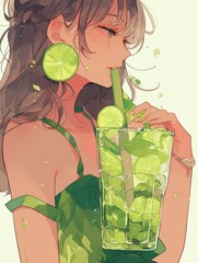 Poster -  Stylish Girl Enjoying a Lime Mojito Drink with Matching Earrings