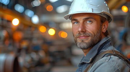 Wall Mural - Worker uniform industrial plant, makes survey, checking equipment against background