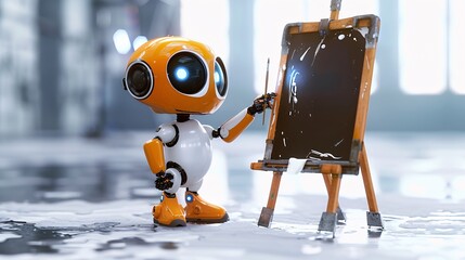 Wall Mural - cute robot is painting on canvas