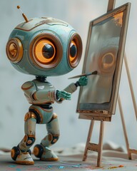 Wall Mural - cute robot draws on canvas