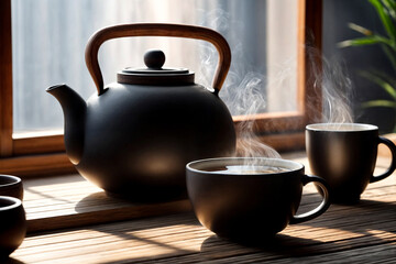 Teapot with tea mug are on table at light window for tea with guests. Ad background for tea ceremony in interior in cozy house. Concept of home comfort and relaxation. Copy advertising text space