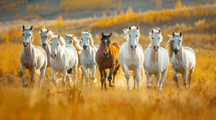 Horse herd run in desert sand storm against dramatic sky.