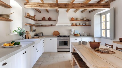 Poster - European cottage style kitchen with charming rustic details, handmade pottery, and wooden beams, copy space for text, sharp focus and clear light, high clarity no grunge, splash, dust, noise