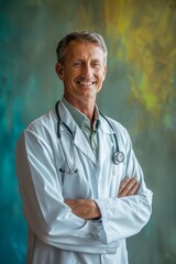 Wall Mural - Portrait of a friendly male doctor with stethoscope standing in front of an abstract background