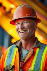 Wall Mural - Portrait of a smiling construction worker wearing a hard hat and safety vest