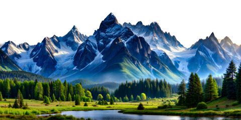 Wall Mural - Snow-capped mountains with pine forest isolated on transparent background