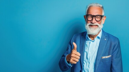 Wall Mural - A successful senior hipster businessman wearing a casual and classy blue suit, relax and cool with a smile, positive and confident, thumb up an empty blue background with copy