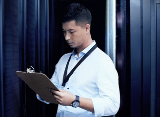Poster - Data center, man and technician with clipboard in server room for solution, maintenance or software update. Cyber, checklist and person with document for inspection, configuration or system report