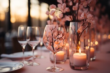 Wall Mural - Elegant table setting at dusk with floral-decorated glasses, candles, and pink blossoms.