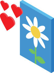 Wall Mural - Isometric illustration of red hearts floating near a blue canvas with a white daisy flower