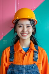 Wall Mural - A young woman wearing a hard hat and orange jumpsuit smiles at the camera