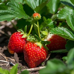 Wall Mural - Strawberries growing in the garden, selective focus. Generative AI,