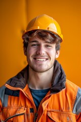 Wall Mural - Portrait of a happy construction worker in a yellow hard hat and orange jacket