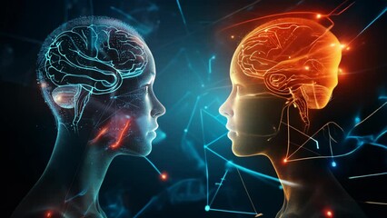 Wall Mural - 3d animation of two human heads with bright brain activities