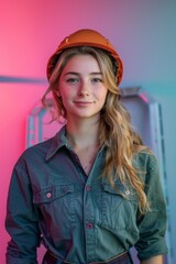 Wall Mural - Portrait of a young woman wearing a hard hat and a green shirt, looking directly at the camera with a friendly smile