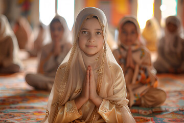 Sticker - Arab girl praying in a mosque with friends