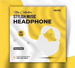 Musical instrument poster design template.New arrival smart headphone banner for selling and promotional purpose. headphone promotional social media post or editable web banner template 