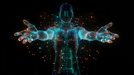 Wall Mural - Hologram of a man with his hands outstretched to the camera, a man on a black background with flying particles around