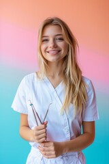 Wall Mural - Portrait of a smiling female dentist holding dental tools against a colourful background