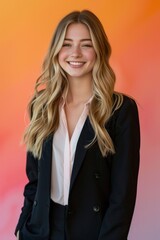 Wall Mural - Young woman in a black blazer smiling against a peach background