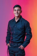 A young man in a blue work shirt stands in front of a colorful background