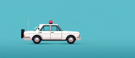 Minimalist illustration of a vintage police car with a red siren against a blue background. Classic style vehicle design.