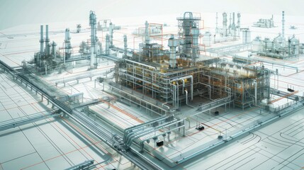 Wall Mural - a detailed digital replica of an industrial complex, optimized for operational efficiency using bim 