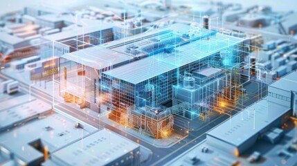 A digital simulation of a smart factory layout optimized with BIM, enhancing production efficiency and workflow design