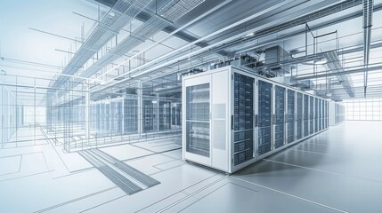 Wall Mural - a digital replica of a bim-guided data center expansion, optimizing server room configurations and e