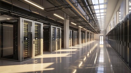 Wall Mural - a digital replica of a bim-guided data center expansion, optimizing server room configurations and e