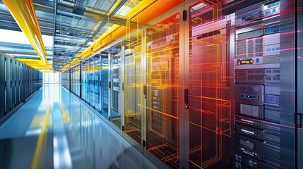 Wall Mural - a digital replica of a bim-guided data center expansion, optimizing server room configurations and e