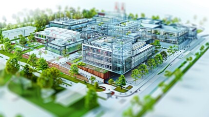 An augmented reality view of a BIM-modeled corporate campus, showcasing office building layouts and employee amenities