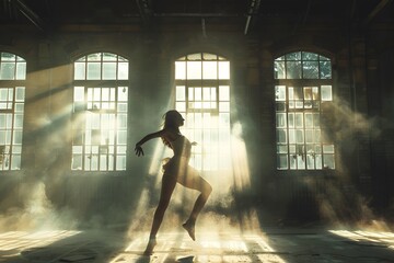 Wall Mural - A dramatic 90s-style image of a dancer performing in an abandoned warehouse, sunlight streaming through broken windows, dust particles floating in the air