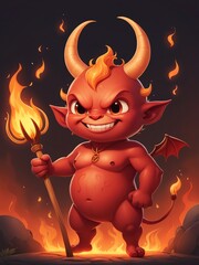 Sticker - Generative AI. Devil Holding A Pitchfork With Flame Background. T-shirt Design