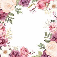Wall Mural - A delicate floral frame with blush pink roses, white blossoms and greenery, perfect for a wedding or special occasion.