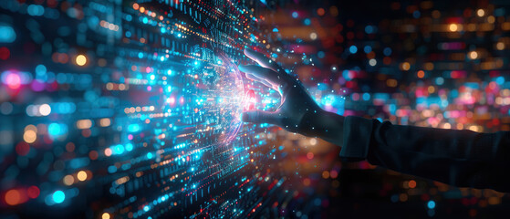 A hand extends towards a screen filled with colorful, flowing data, representing the endless potential of AI in software development